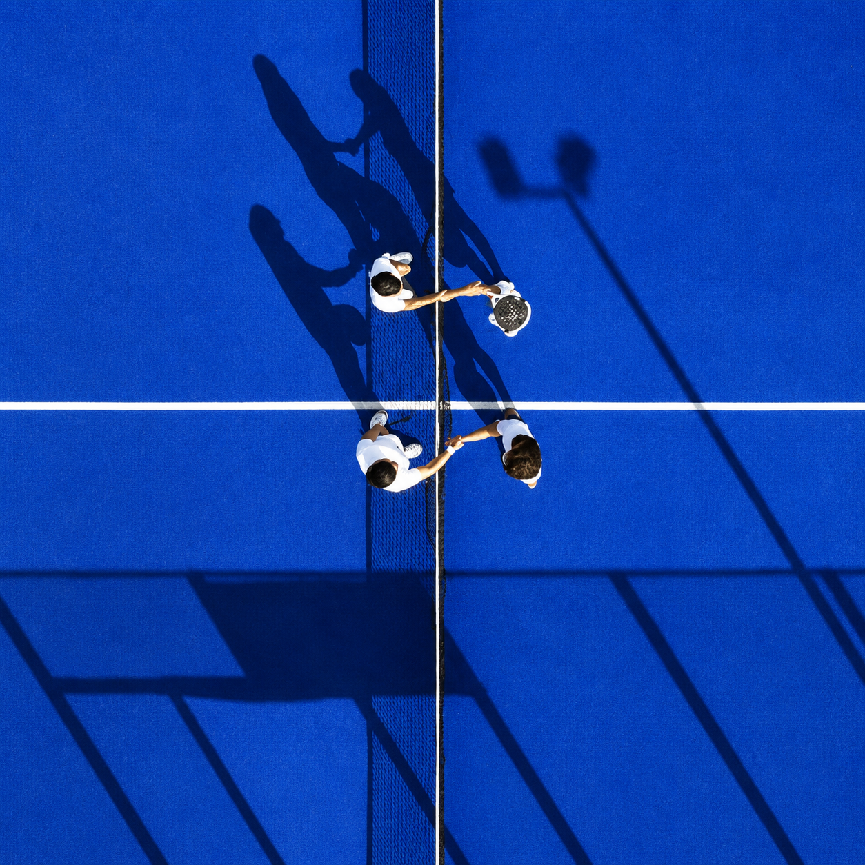 Quatro jogadores de tênis no momento de troca de cumprimentos na quadra azul, com sombras longas projetadas pelo sol.