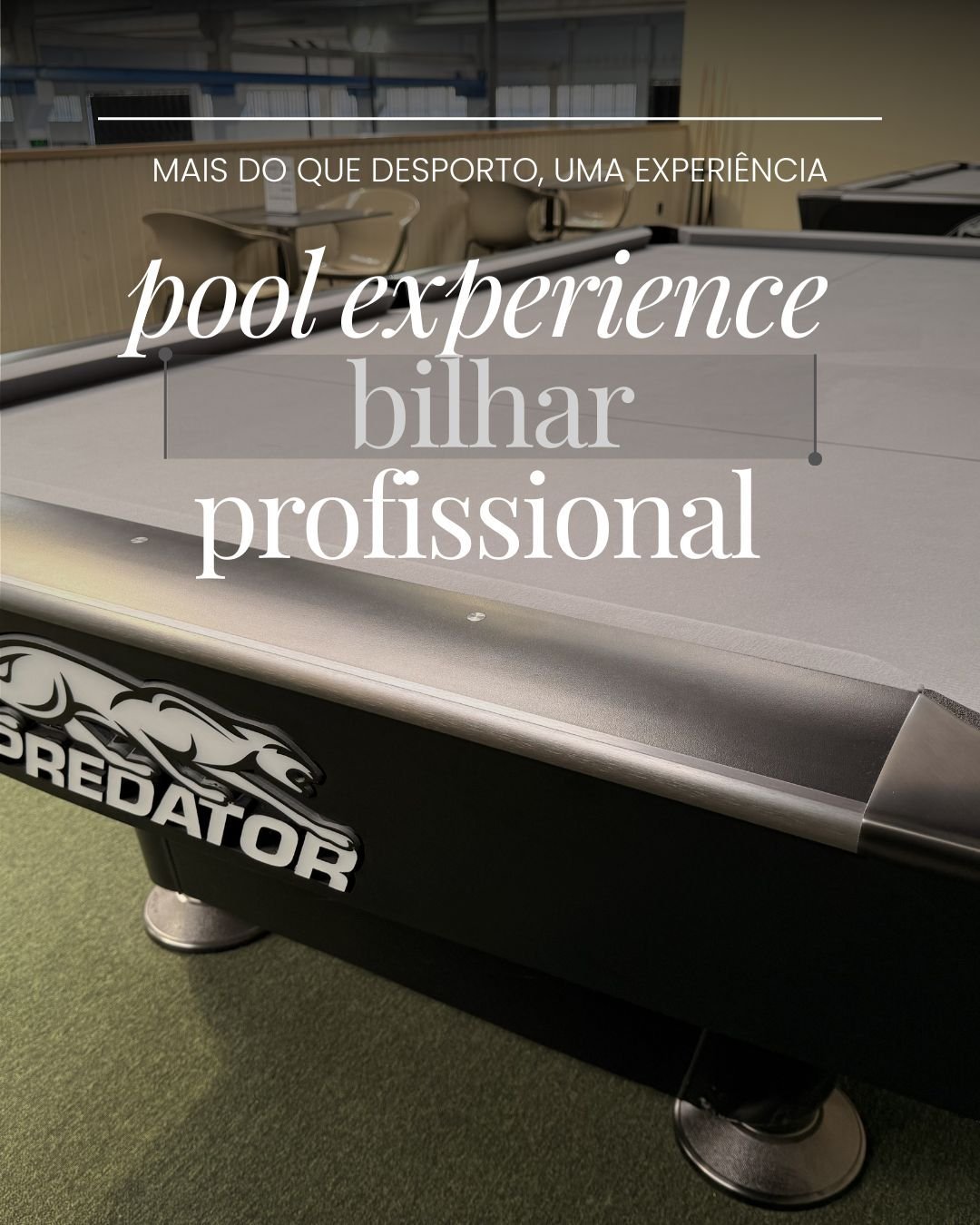Mesa de sinuca com o logo Predator na lateral, fundo com cadeiras e janelas, texto sobreposto promovendo a experiência profissional no bilhar e no esporte.